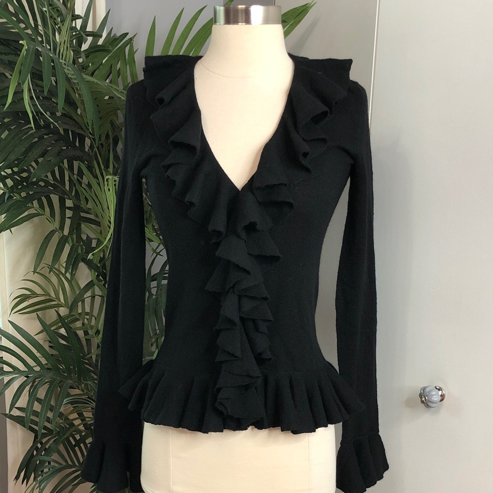 Ralph Lauren Black Ruffle V-Neck Long Sleeve Blouse